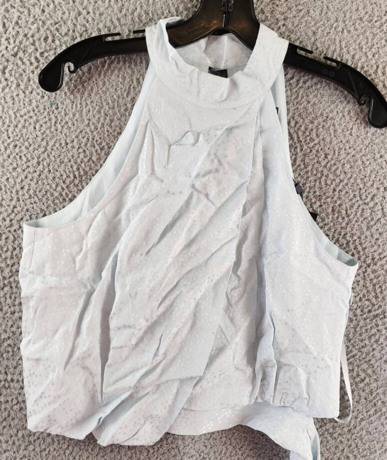 BCBGMAXAZRIA Sleeveless Halter Neck Overdraped Side Tied Blouse Women's S Blue~