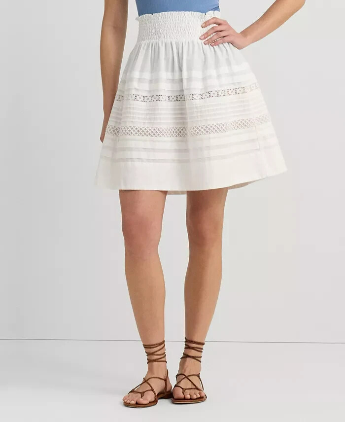 Lauren Ralph Lauren Lace-Trim A-Line Miniskirt Women's L White Elastic Waist