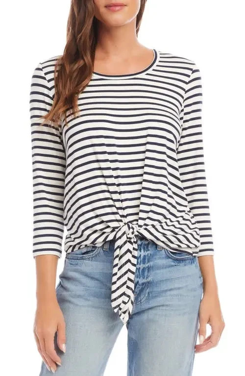 Karen Kane Stripe Tie Front Top Women's Small Navy/White Crewneck Pullover Style