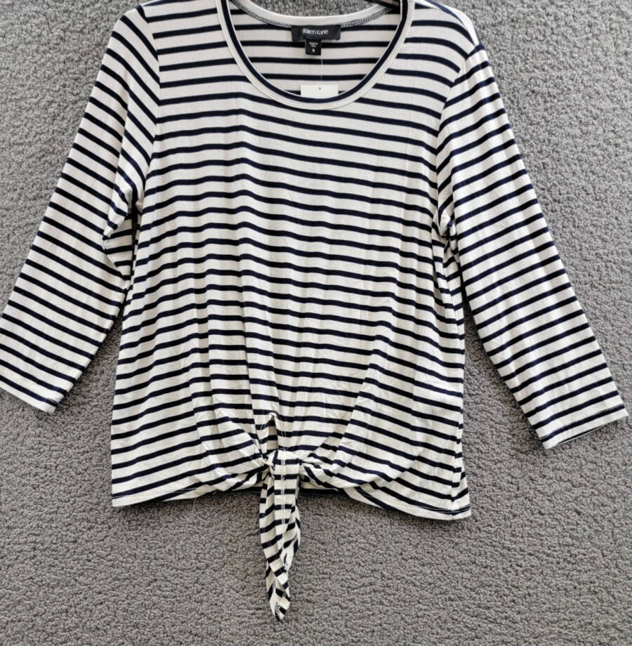 Karen Kane Stripe Tie Front Top Women's Small Navy/White Crewneck Pullover Style