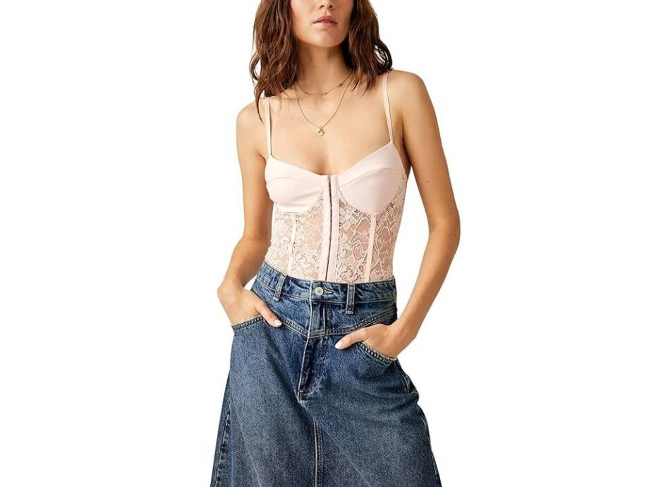 Free People Lace Night Rhythm Bodysuit Top Women's L Light Pink Hook & Eye Front