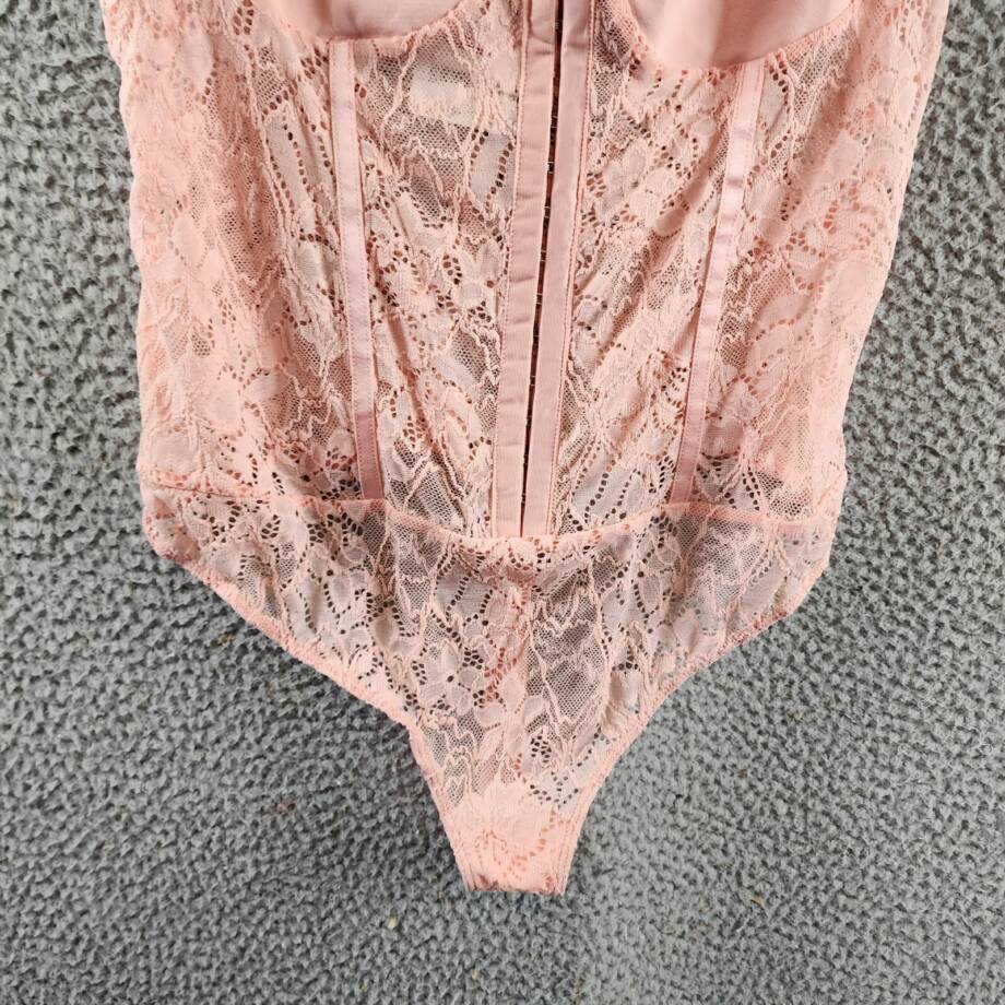 Free People Lace Night Rhythm Bodysuit Top Women's L Light Pink Hook & Eye Front