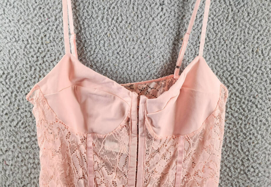 Free People Lace Night Rhythm Bodysuit Top Women's L Light Pink Hook & Eye Front