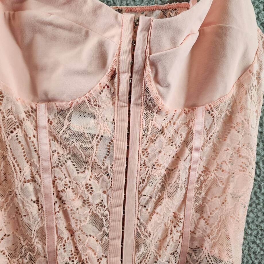 Free People Lace Night Rhythm Bodysuit Top Women's L Light Pink Hook & Eye Front