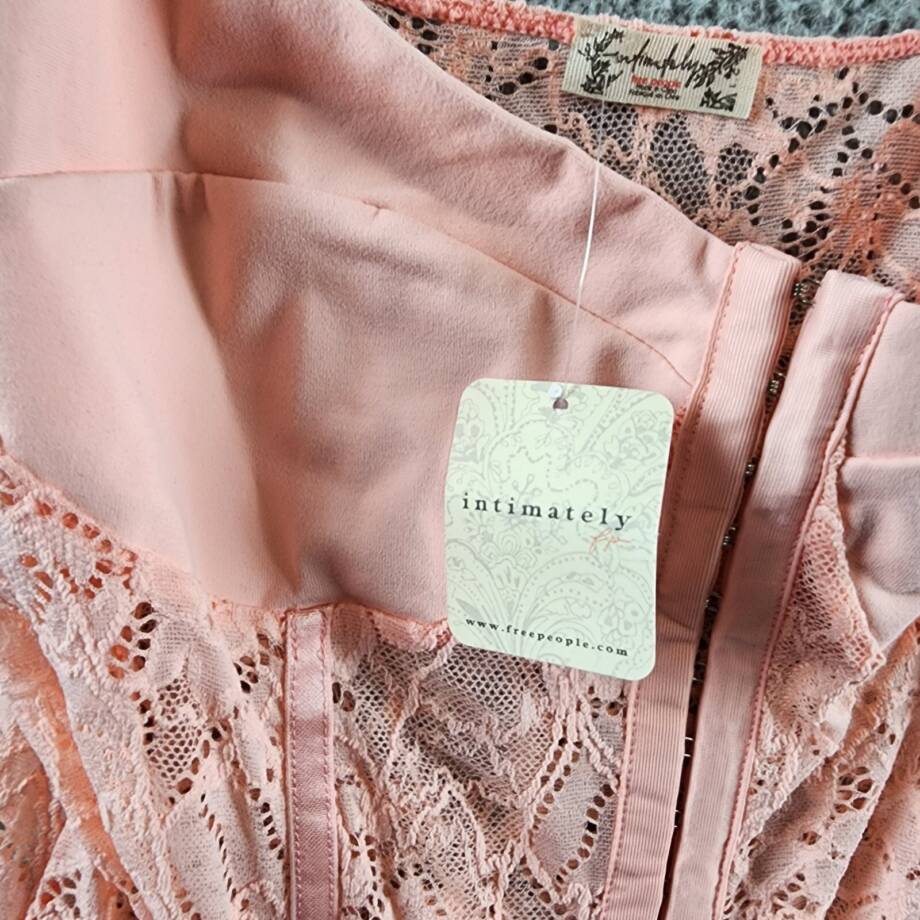 Free People Lace Night Rhythm Bodysuit Top Women's L Light Pink Hook & Eye Front