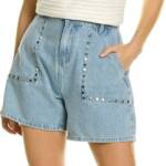 Gracia Embellished Shorts Women's L Blue Denim Side Pockets Button Zip Closure