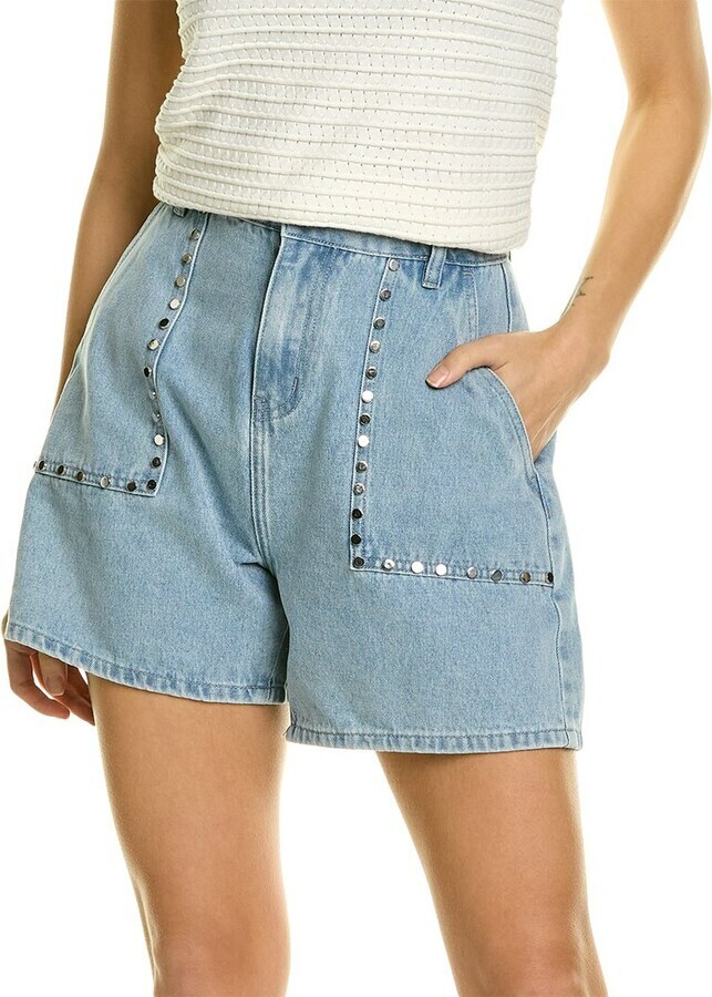 Gracia Embellished Shorts Women's L Blue Denim Side Pockets Button Zip Closure