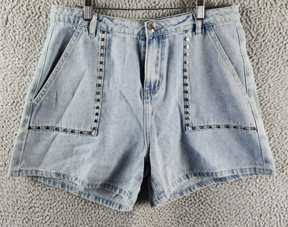 Gracia Embellished Shorts Women's L Blue Denim Side Pockets Button Zip Closure