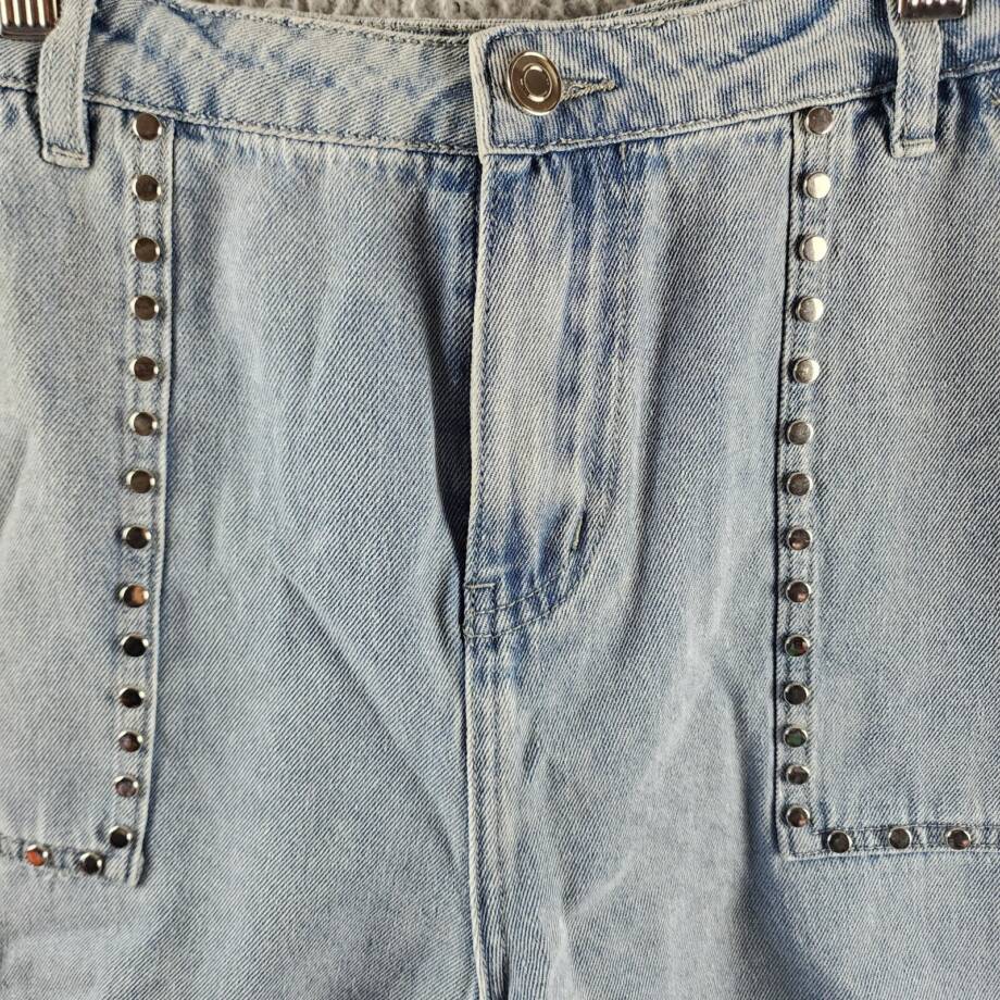 Gracia Embellished Shorts Women's L Blue Denim Side Pockets Button Zip Closure