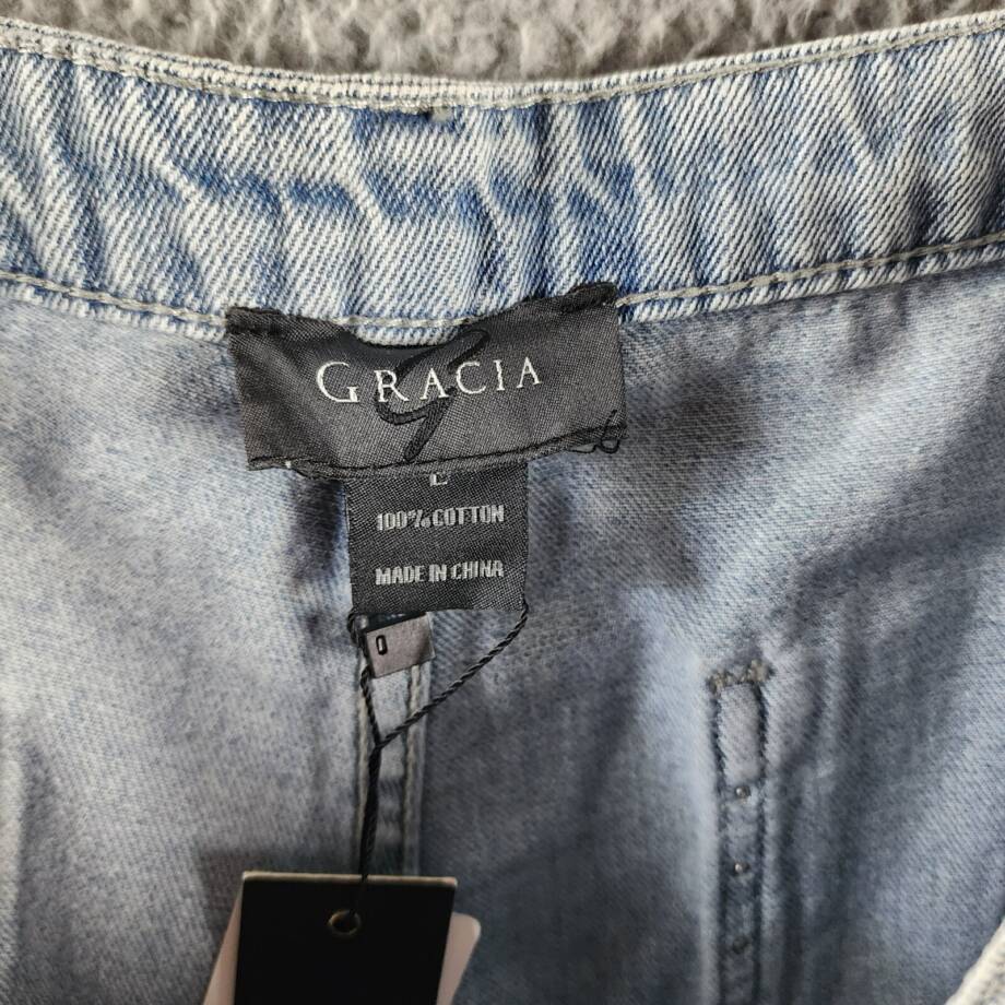 Gracia Embellished Shorts Women's L Blue Denim Side Pockets Button Zip Closure