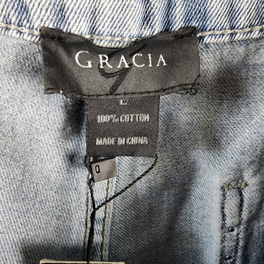 Gracia Embellished Shorts Women's L Blue Denim Side Pockets Button Zip Closure