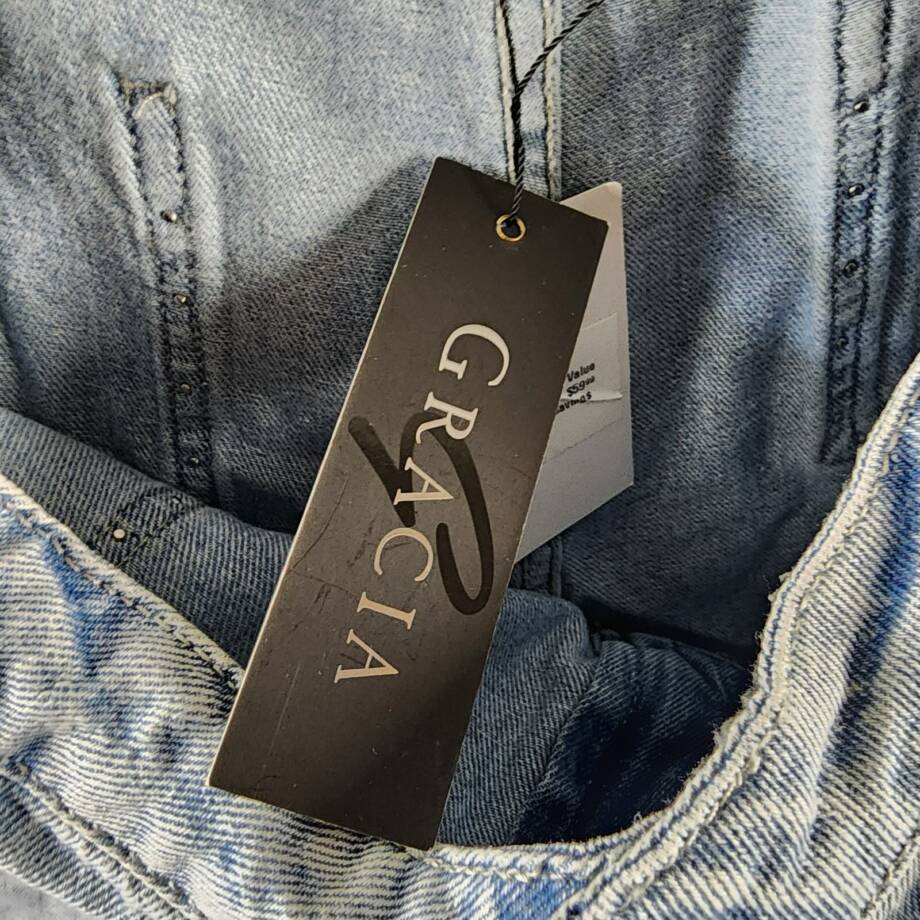 Gracia Embellished Shorts Women's L Blue Denim Side Pockets Button Zip Closure