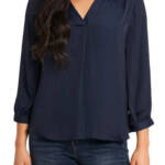 Vince Camuto V-Neck Blouse Women's S Classic Navy Solid Quarter Sleeve Pullover