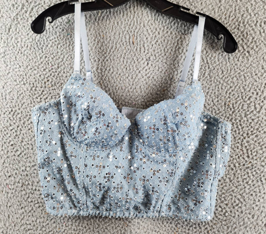 Gracia Sequins Corset Tank Top Women's L Denim Adjustable Strap Hook & Eye