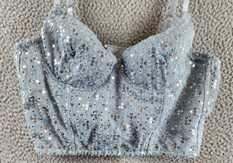 Gracia Sequins Corset Tank Top Women's L Denim Adjustable Strap Hook & Eye