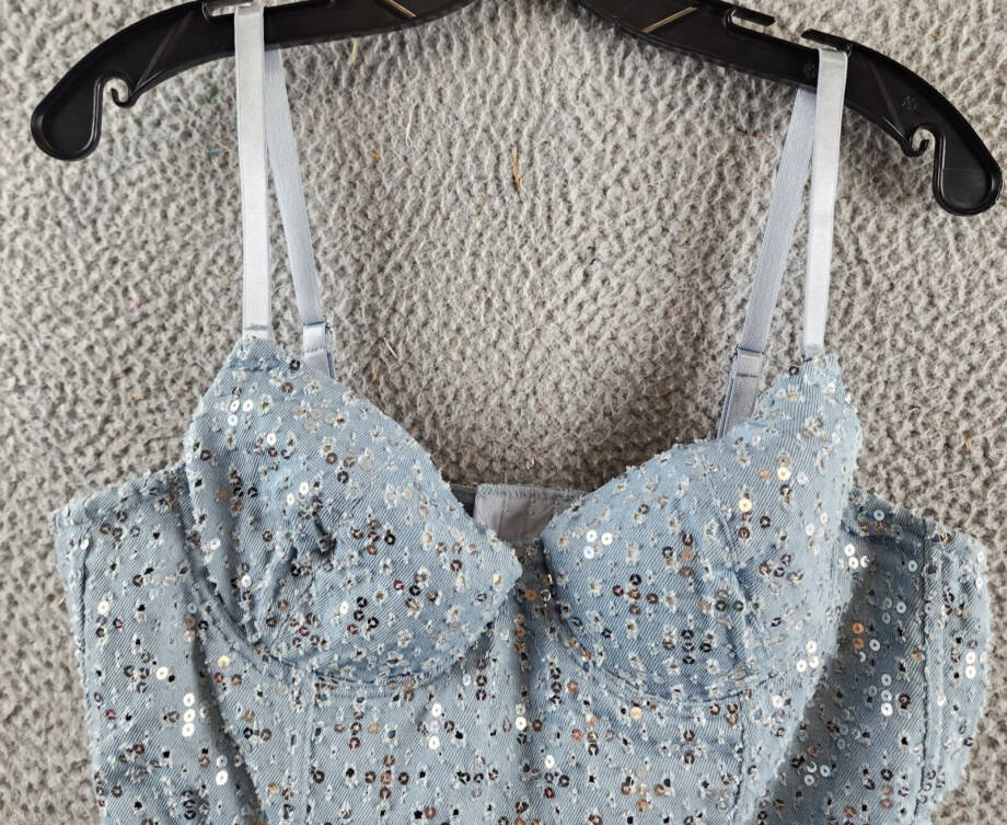Gracia Sequins Corset Tank Top Women's L Denim Adjustable Strap Hook & Eye