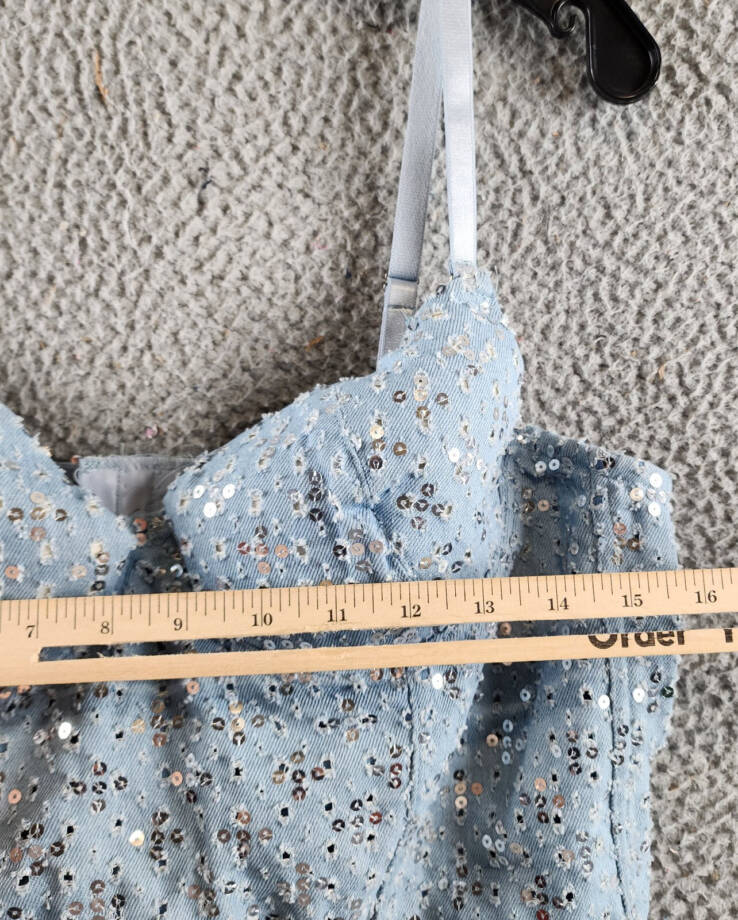 Gracia Sequins Corset Tank Top Women's L Denim Adjustable Strap Hook & Eye