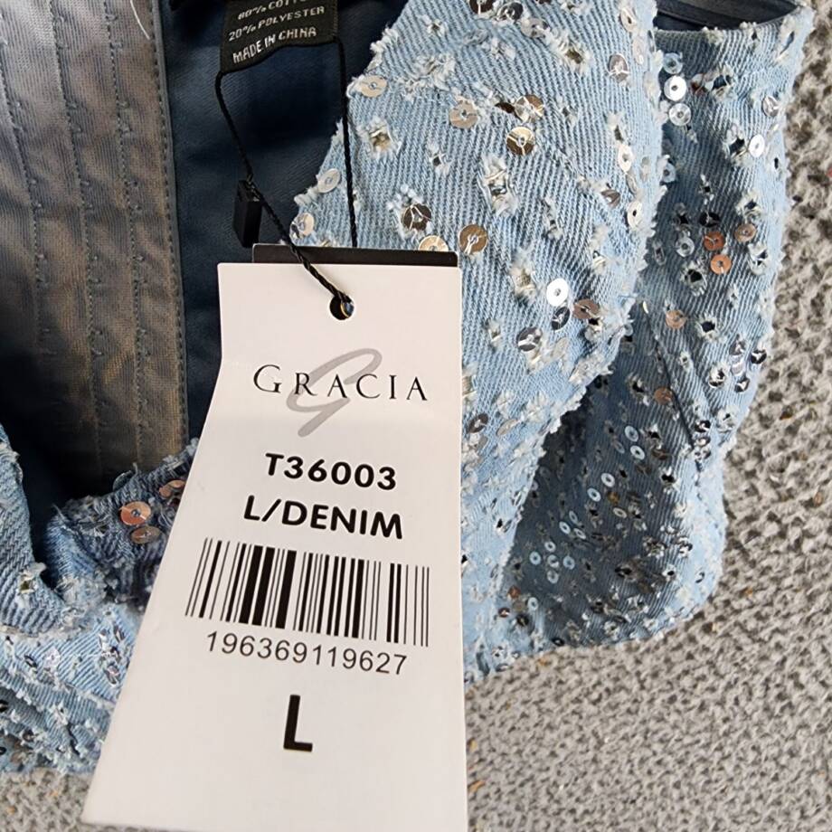 Gracia Sequins Corset Tank Top Women's L Denim Adjustable Strap Hook & Eye