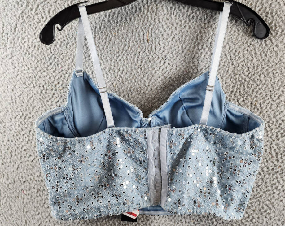 Gracia Sequins Corset Tank Top Women's L Denim Adjustable Strap Hook & Eye