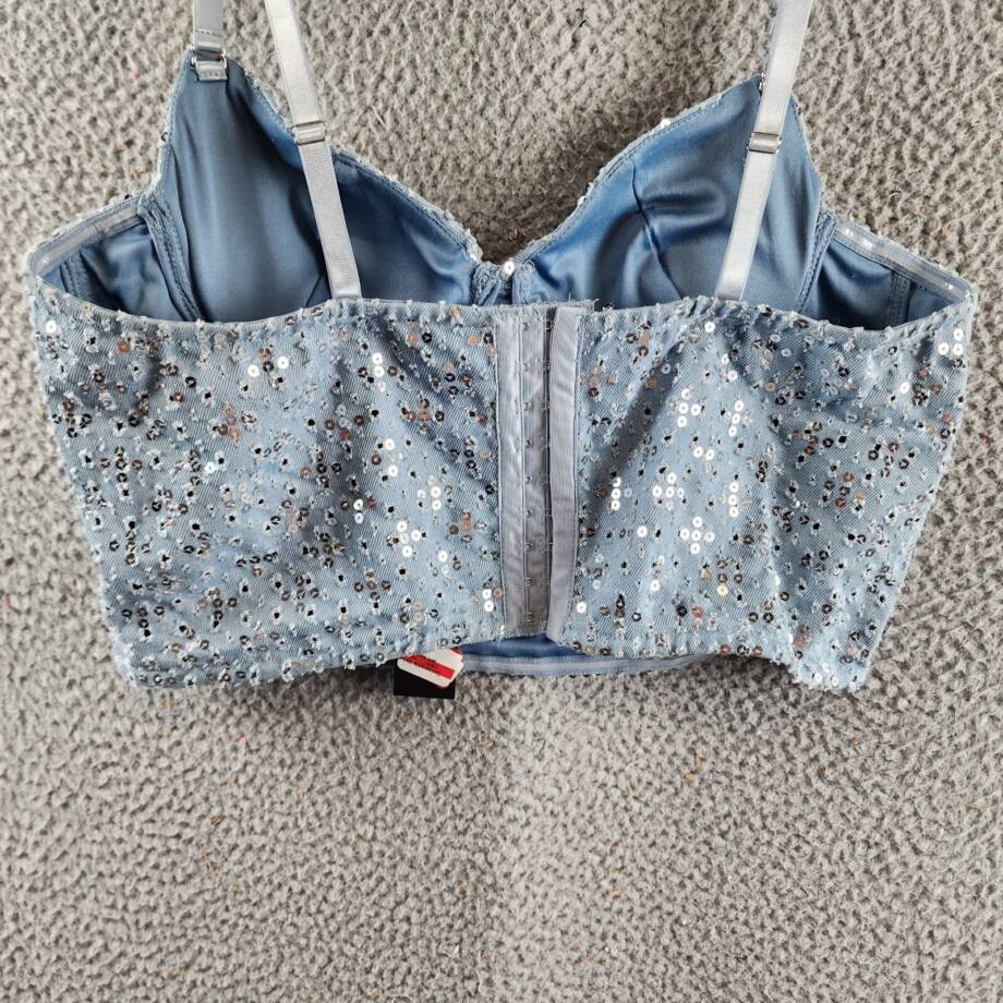 Gracia Sequins Corset Tank Top Women's L Denim Adjustable Strap Hook & Eye