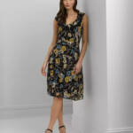 Lauren Ralph Lauren Belted Floral A-Line Dress Women's 10 Black Multi Side Zip