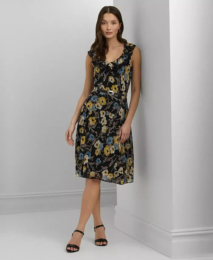 Lauren Ralph Lauren Belted Floral A-Line Dress Women's 10 Black Multi Side Zip