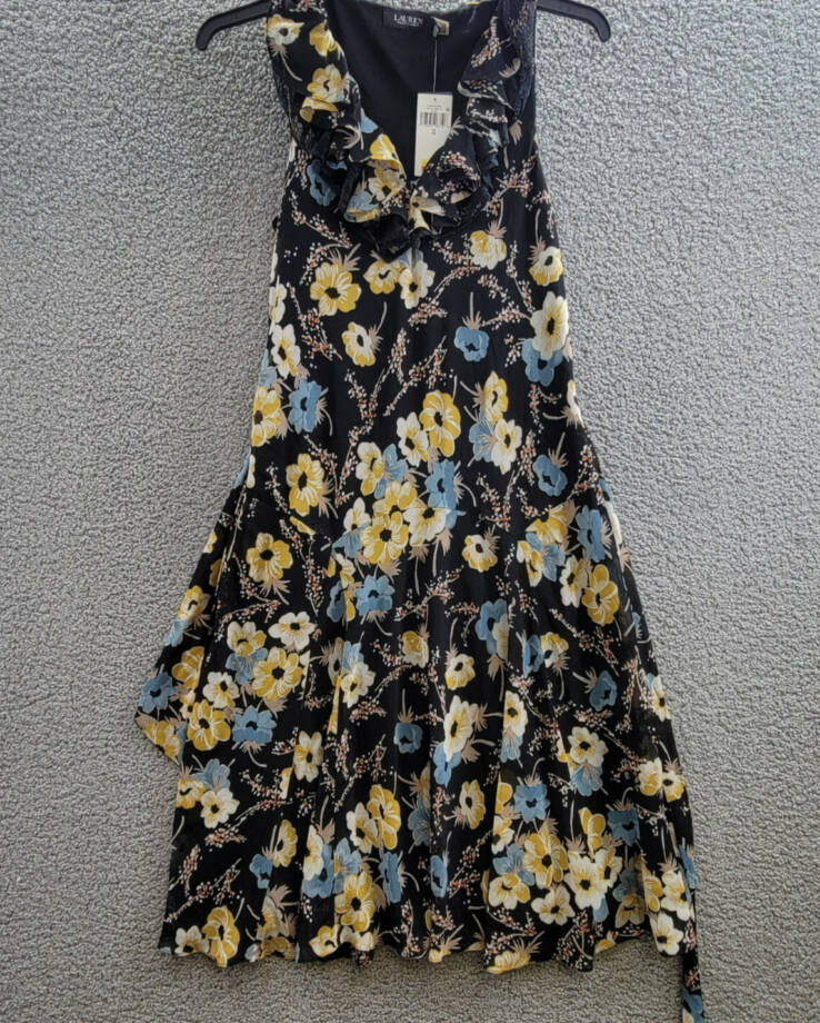 Lauren Ralph Lauren Belted Floral A-Line Dress Women's 10 Black Multi Side Zip