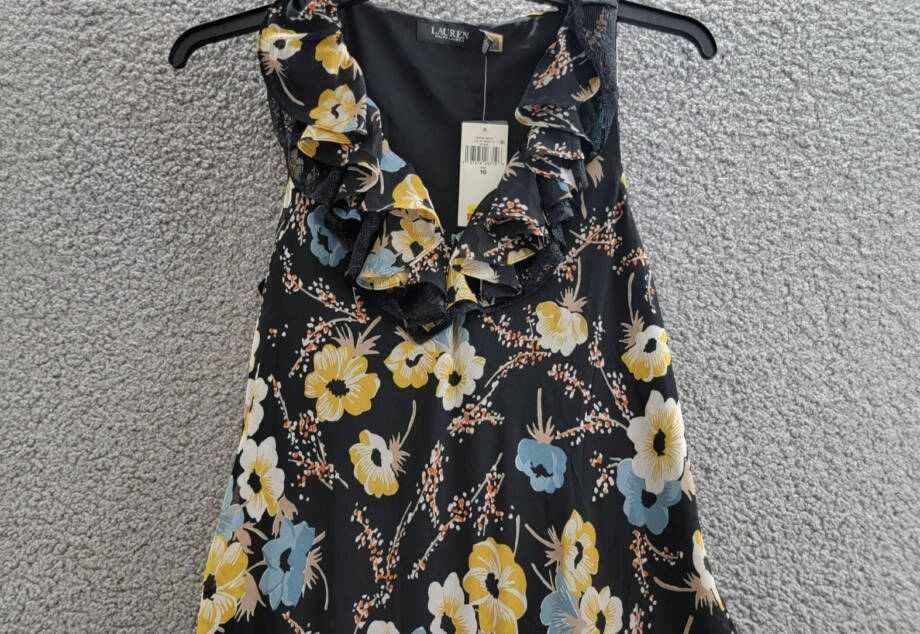 Lauren Ralph Lauren Belted Floral A-Line Dress Women's 10 Black Multi Side Zip
