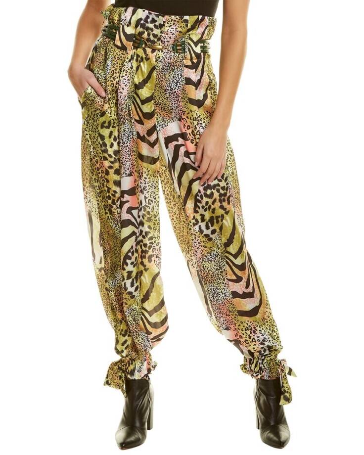 Gracia Printed Parachute Pants Women's S Green Multi Elastic Cuffs High Rise