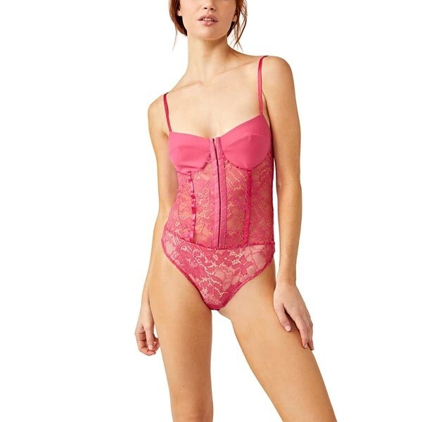 Free People Night Rhythm Lace Bodysuit Women's S Raspberry Sorbet Adjustable
