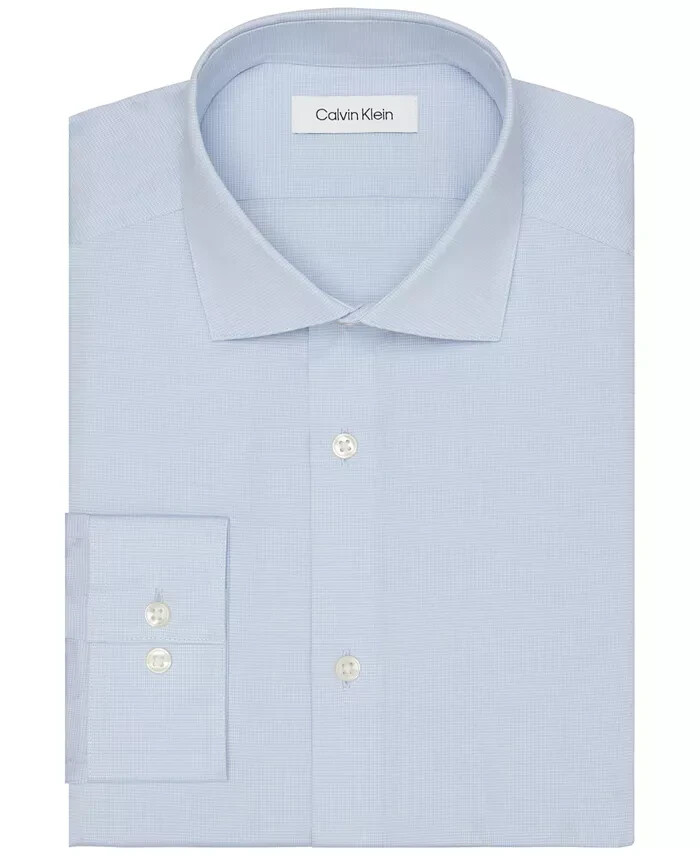 Calvin Klein Steel + Slim-Fit Wrinkle-Free Dress Shirt Men's 17.5 34/35 Blue