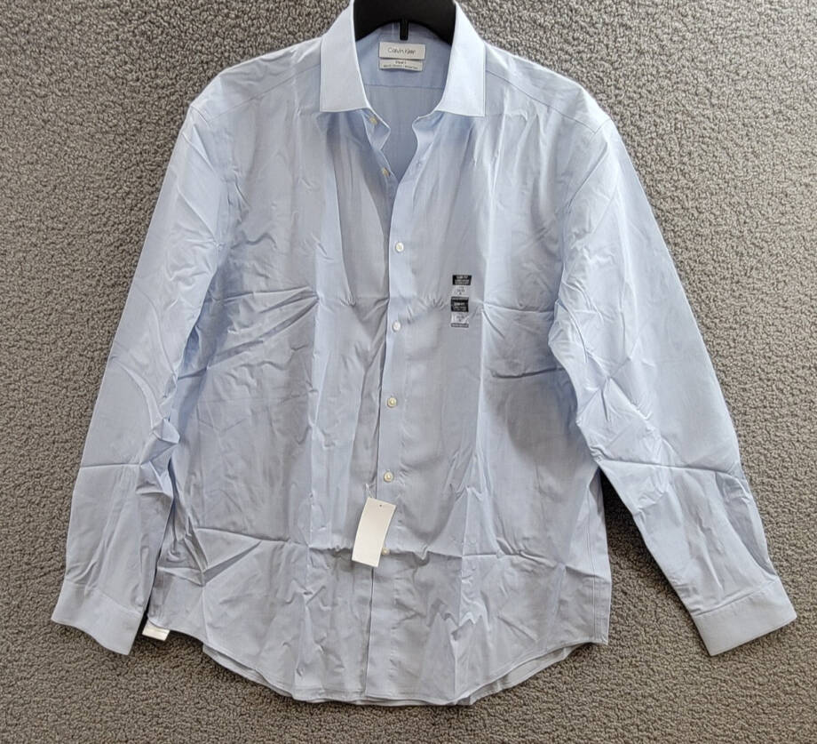 Calvin Klein Steel + Slim-Fit Wrinkle-Free Dress Shirt Men's 17.5 34/35 Blue