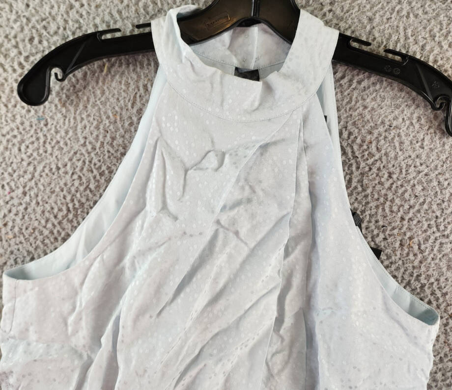 BCBGMAXAZRIA Sleeveless Halter Neck Overdraped Side Tied Blouse Women's S Blue~