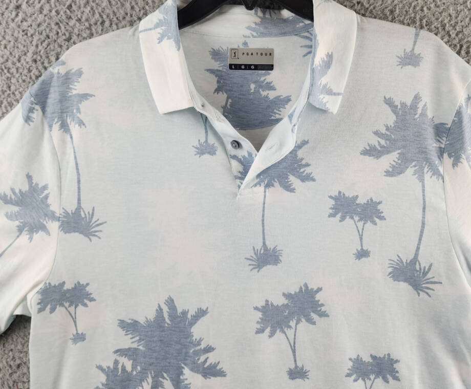 PGA TOUR Oversized Palm Print Short Sleeve Performance Polo Men's L White/Navy
