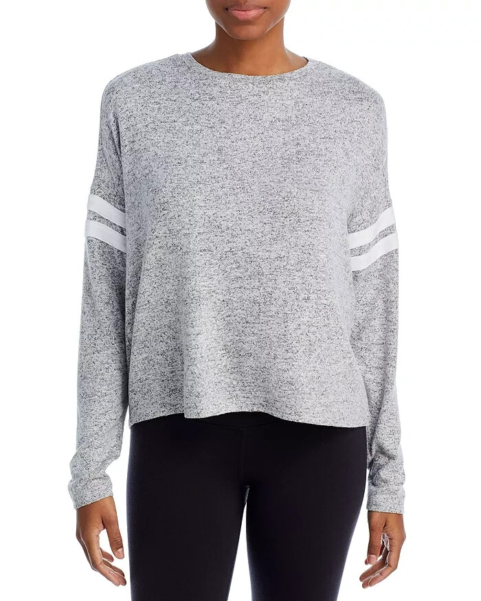 Aqua Athletic Stripe Sleeve Knit Sweatshirt Women's M Gray Heather Crewneck L/S