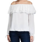 MICHAEL Michael Kors Ruffled Off-the-Shoulder Peasant Top Women's S White L/S
