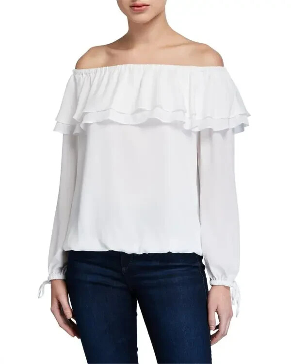 MICHAEL Michael Kors Ruffled Off-the-Shoulder Peasant Top Women's S White L/S