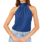 1.STATE Sleeveless Gathered Halter Tie Back Blouse Womens XS Tidal Navy Pullover