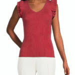 T Tahari Short Flutter Sleeve V-Neck Top Women's S Corsage Solid Ribbed Pullover