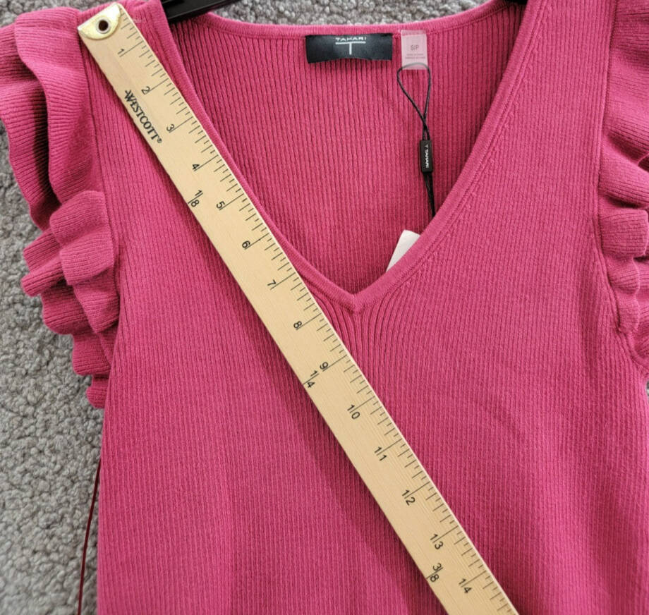 T Tahari Short Flutter Sleeve V-Neck Top Women's S Corsage Solid Ribbed Pullover
