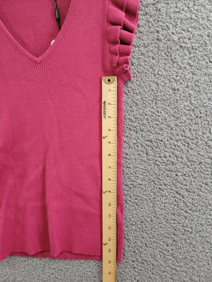 T Tahari Short Flutter Sleeve V-Neck Top Women's S Corsage Solid Ribbed Pullover