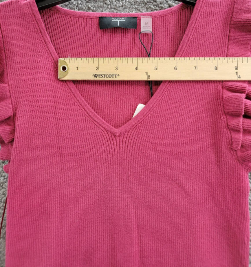 T Tahari Short Flutter Sleeve V-Neck Top Women's S Corsage Solid Ribbed Pullover