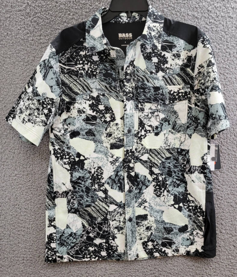 BASS OUTDOOR Trailer A.C. Shirt Men's S Black Beauty/Rock Camo Spread Collar S/S