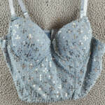 Gracia Sequined Crop Top Women's M Blue Denim Sweetheart Neck Hook & Eye Closure