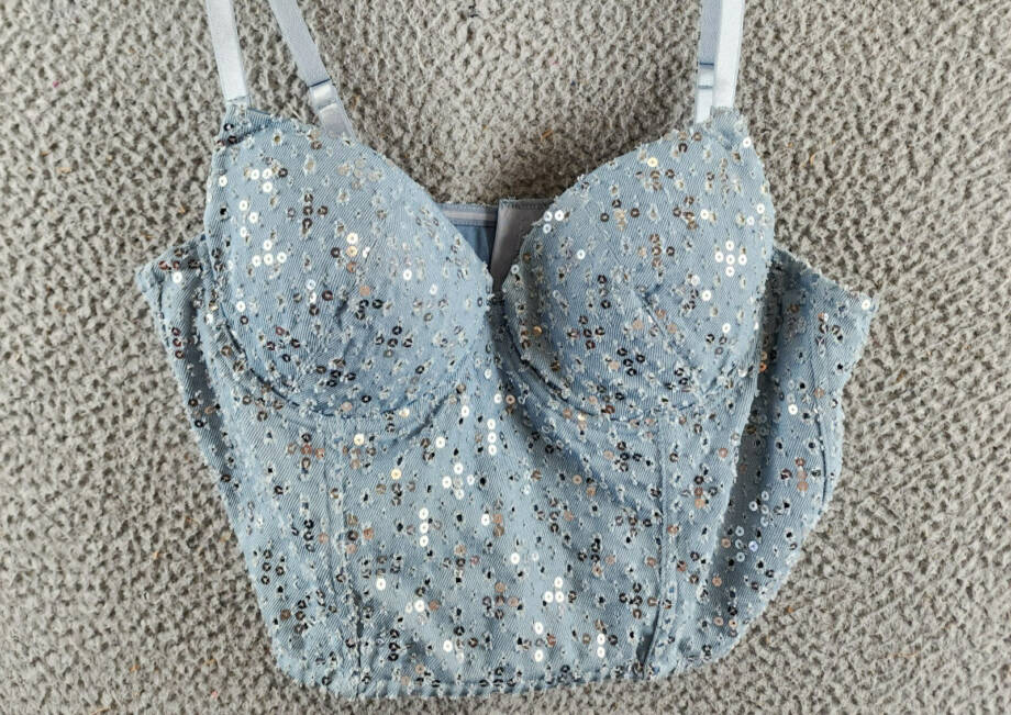 Gracia Sequined Crop Top Women's M Blue Denim Sweetheart Neck Hook & Eye Closure