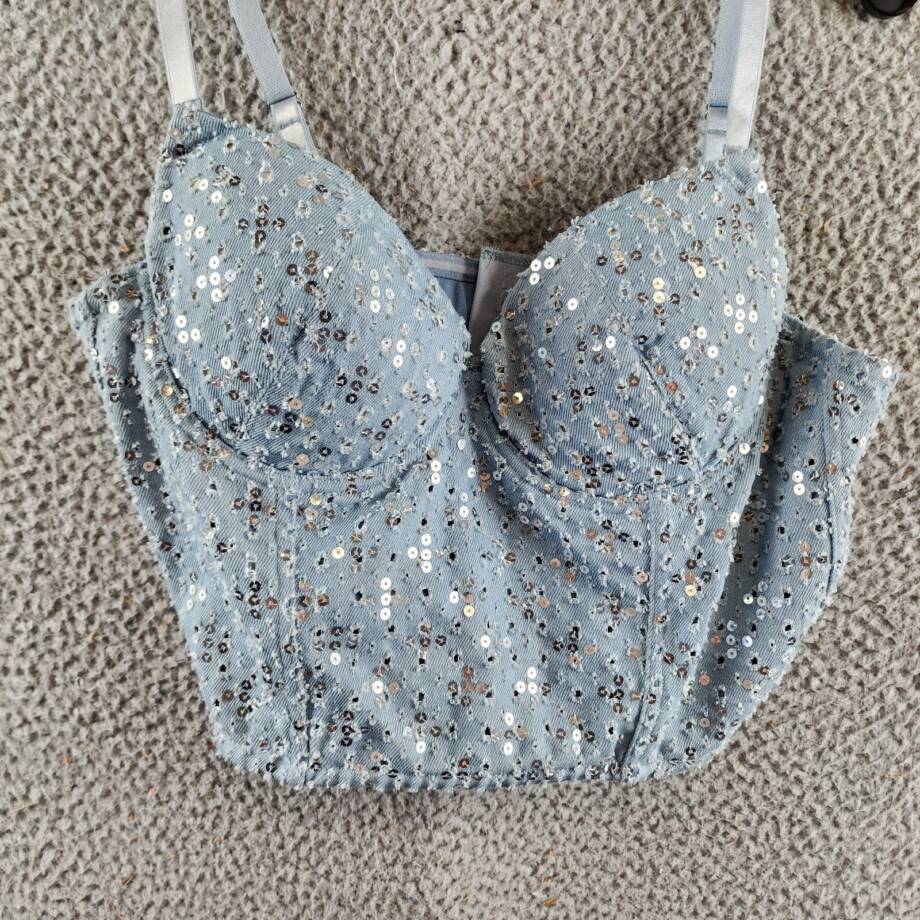 Gracia Sequined Crop Top Women's M Blue Denim Sweetheart Neck Hook & Eye Closure