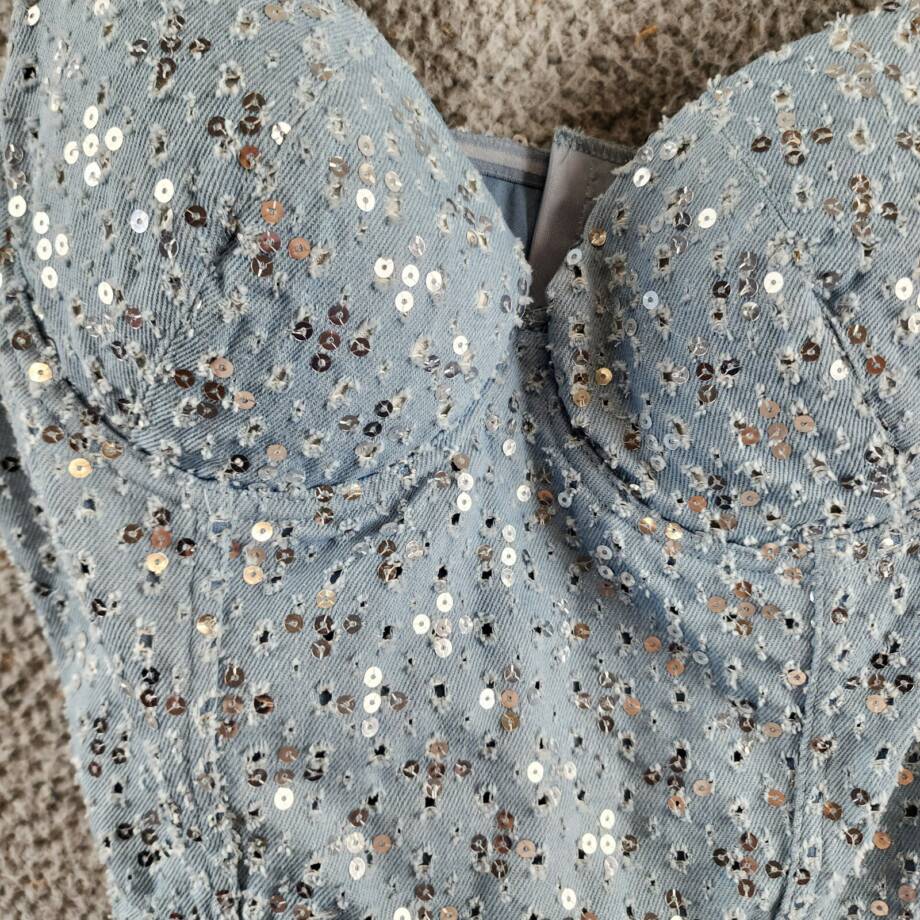 Gracia Sequined Crop Top Women's M Blue Denim Sweetheart Neck Hook & Eye Closure