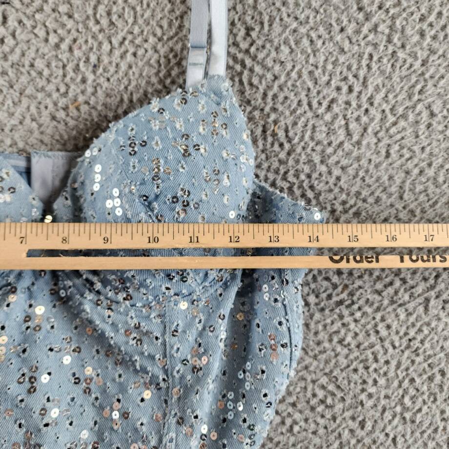 Gracia Sequined Crop Top Women's M Blue Denim Sweetheart Neck Hook & Eye Closure