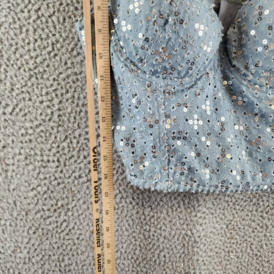 Gracia Sequined Crop Top Women's M Blue Denim Sweetheart Neck Hook & Eye Closure