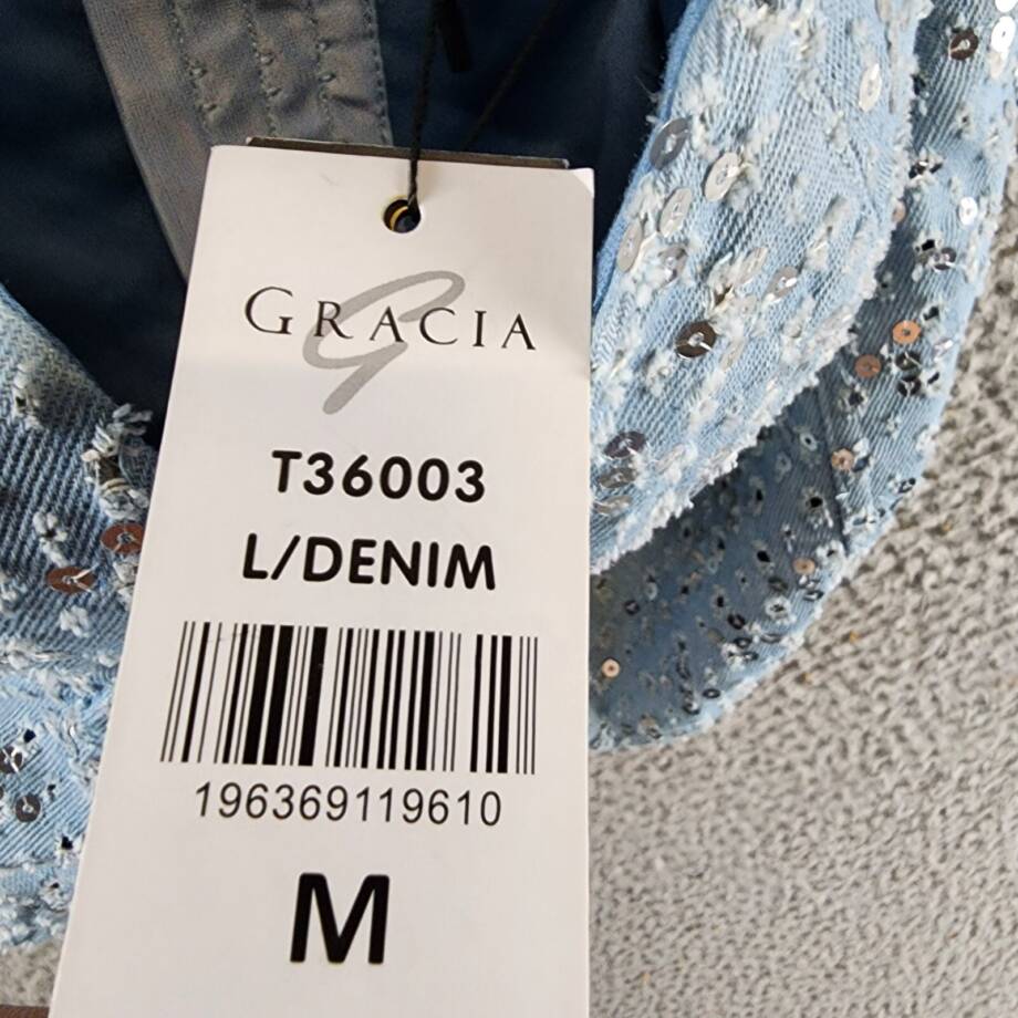 Gracia Sequined Crop Top Women's M Blue Denim Sweetheart Neck Hook & Eye Closure